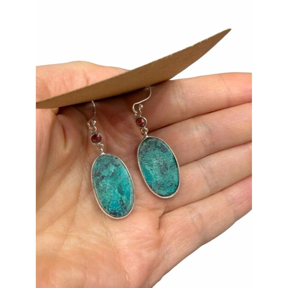 Shattuckite & Hessonite Garnet Earrings Solid 925 Sterling Silver